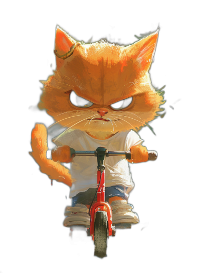 A cute orange cat, wearing a white T-shirt and jean shorts on its body, is riding a red tricycle in the air with an angry face against a black background in the style of digital art and Korean painting illustration.