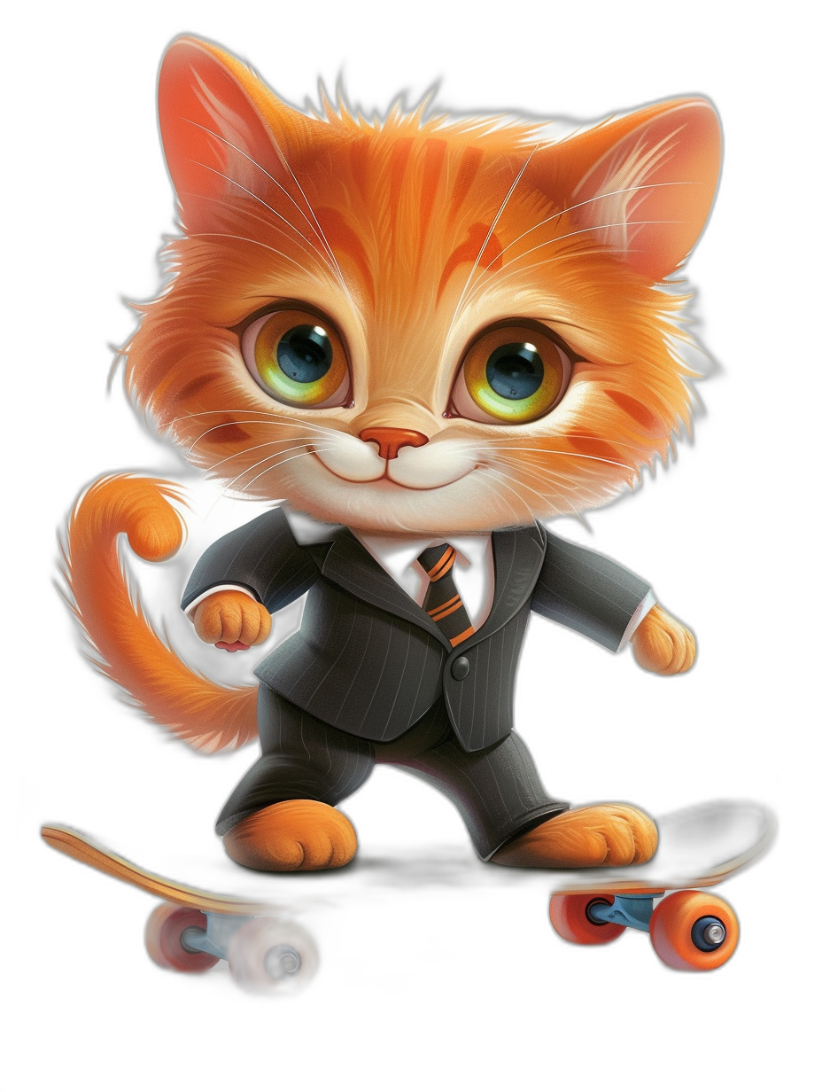 Cute cartoon orange cat, wearing a suit and tie on a skateboard, with big eyes, against a black background, in high definition.