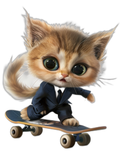 Cute, fluffy kitten in suit riding on skateboard. Big eyes and cute facial expressions. Black background. Photorealistic, detailed, high resolution photo