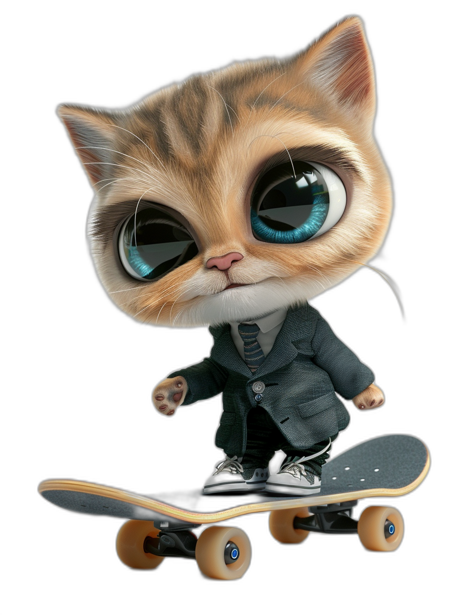 A cute baby cat with big blue eyes in a suit and sneakers, riding on a skateboard in the style of a 3d character, on a black background, like a hyper realistic game item or rpg portrait.