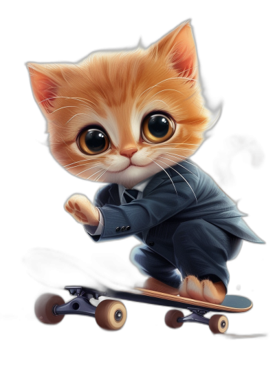 digital art of a cute and fat orange kitten, wearing a suit and riding on a skateboard against a black background with a chill happy expression and big eyes.