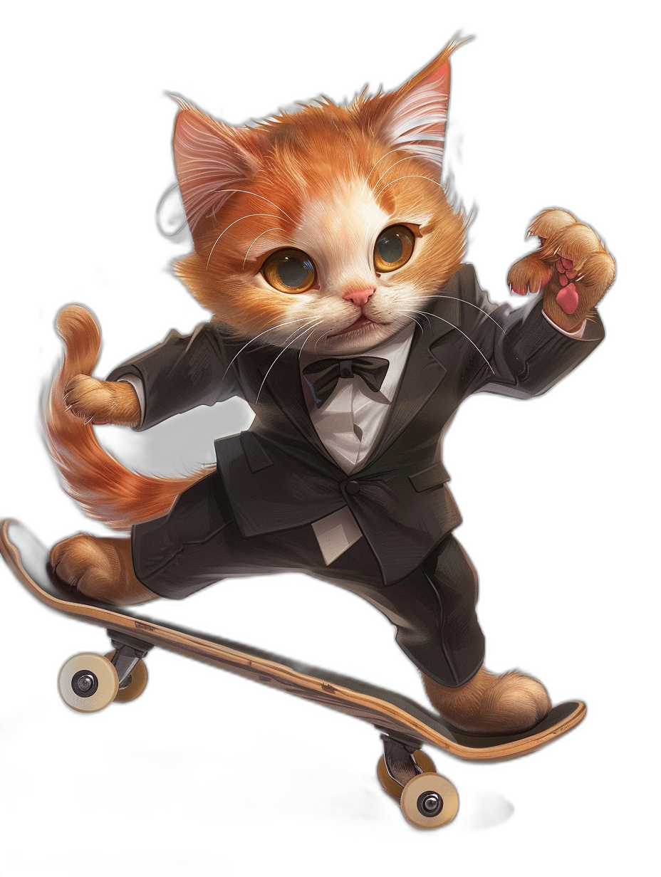 digital art of a cute kitten wearing a suit and tie, skating on a skateboard with a cigarette in its mouth against a black background, fluffy, soft-focused realism, playful character designs in the style of various artists.