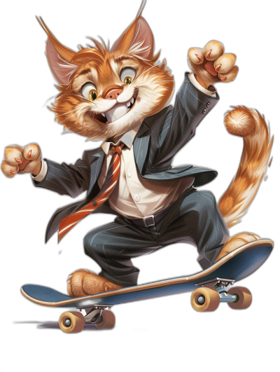 Illustration of a happy cat in a suit and tie riding on a skateboard, in the style of [Tiago Hoisel](https://goo.gl/search?artist%20Tiago%20Hoisel), in a caricature-like, playful style, hyper-realistic illustrations, on a black background