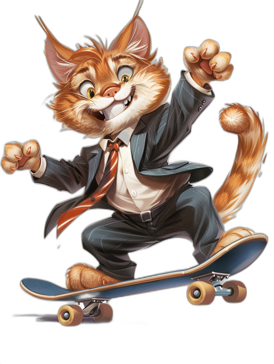 Illustration of a happy cat in a suit and tie riding on a skateboard, in the style of [Tiago Hoisel](https://goo.gl/search?artist%20Tiago%20Hoisel), in a caricature-like, playful style, hyper-realistic illustrations, on a black background