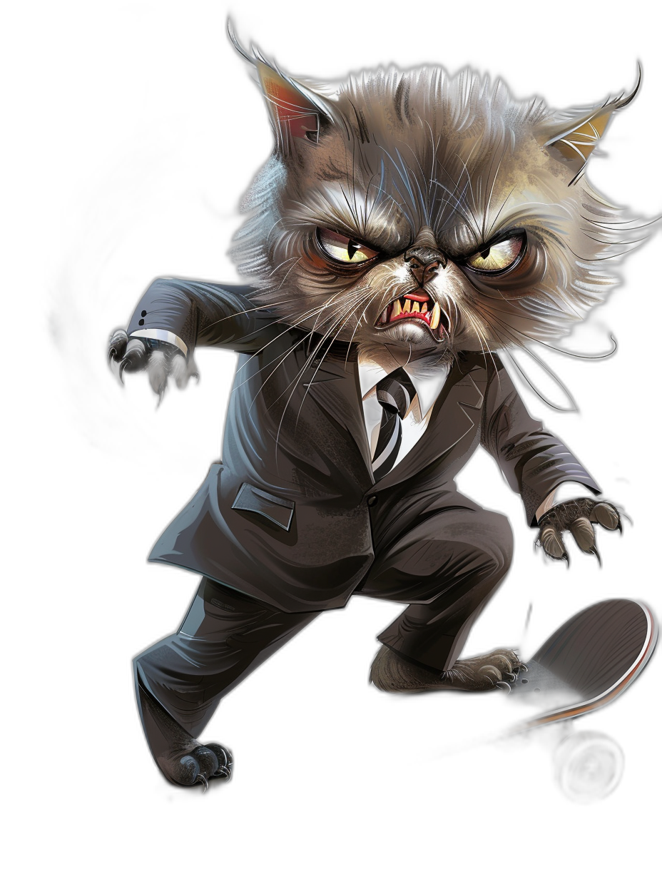 Grumpy cat in a suit, with an angry face, riding a skateboard, vector illustration in the style of [Artgerm](https://goo.gl/search?artist%20Artgerm) and R Jesús on a beautiful black background, as a full body.