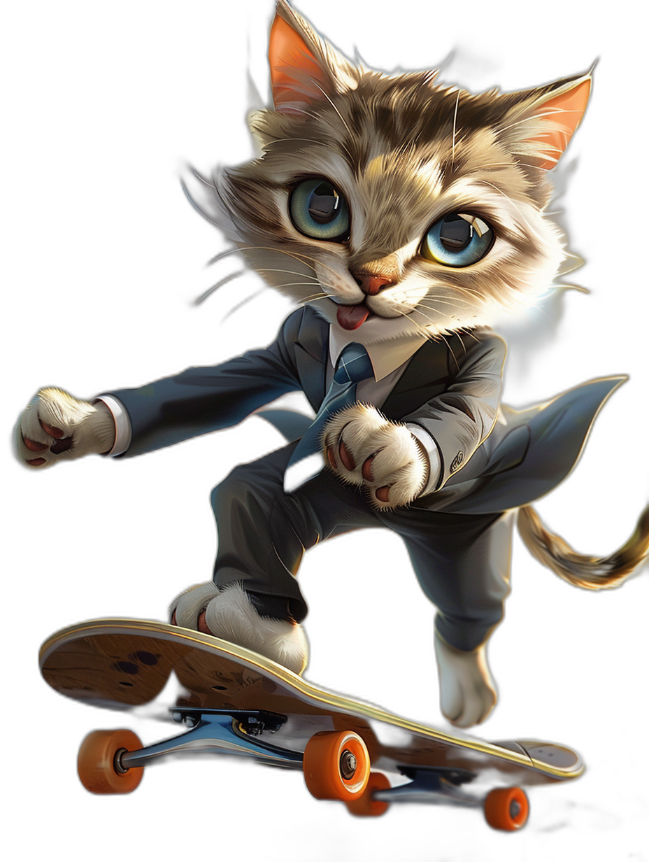 cat in suit riding on skateboard, in the cartoon style, cute, big eyes, black background, digital art in the style of Disney Pixar studio, cute and adorable cat with blue eyes wearing business , in the cartoon style, digital art, high resolution, high detail, hyper detailed