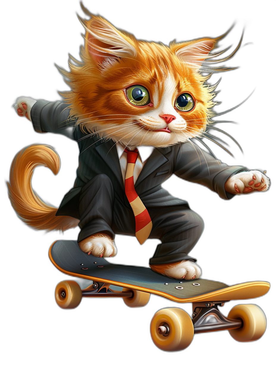 illustration of a cute orange cat in a suit and tie riding on a skateboard, black background, high resolution, digital art, detailed character design, in the style of Pixar