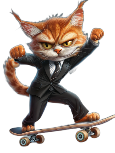 character design of an angry ginger cat in a suit, riding on a skateboard, in the cartoon style, on a black background, digital art in the style of Disney Pixar. A hearthstone illustration, with professional color grading, with clean sharp focus.