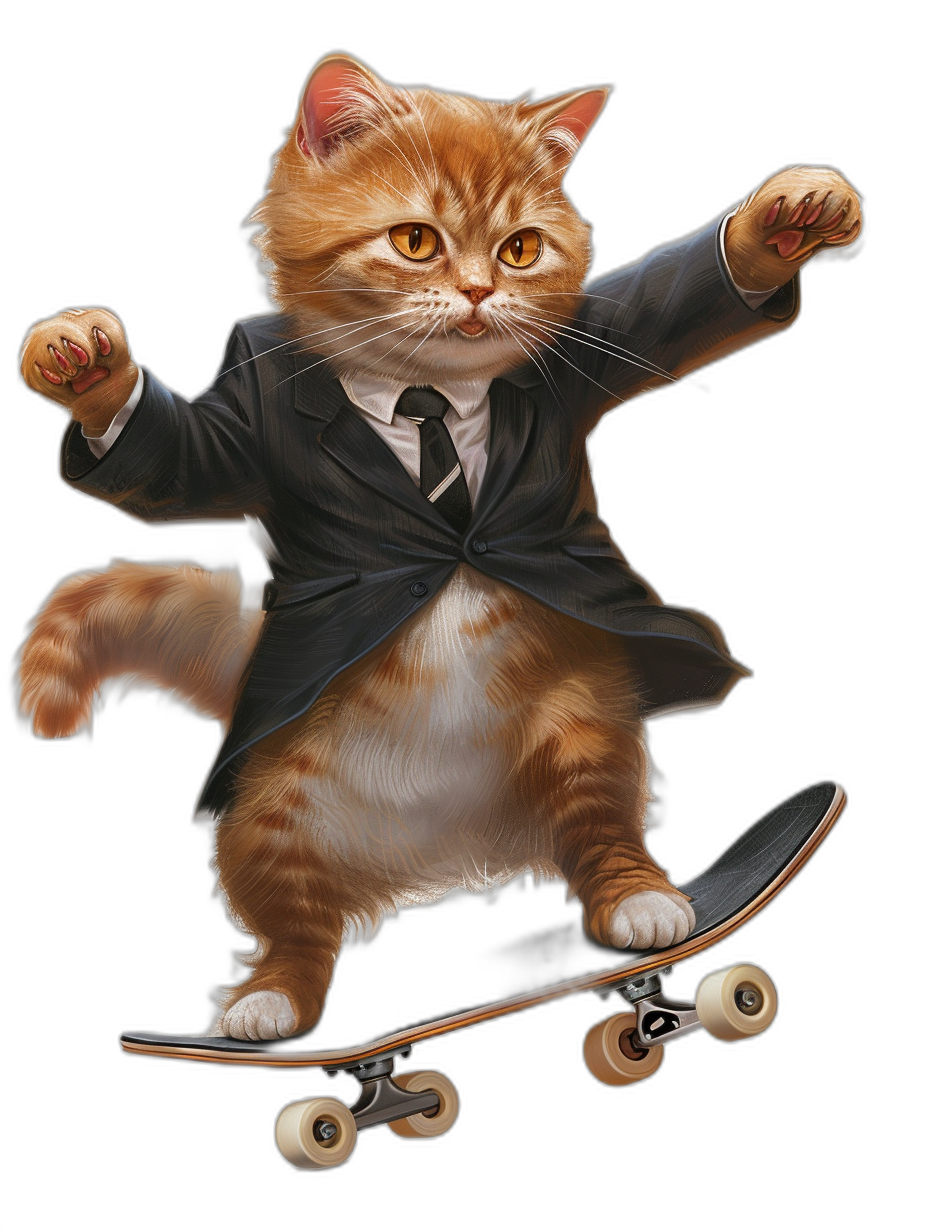 A cat wearing a suit and tie riding on top of a skateboard against a black background, with detailed character illustrations in the style of a t-shirt design without any mockup or text, in PNG format with high resolution, high detail, and high definition professional photography with sharp focus showing the full body portrait.