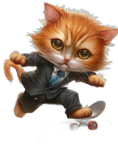 Cute cartoon orange cat, wearing a black suit and blue tie riding on a skateboard, with a cute expression, big eyes, furry texture, in the style of cartoon art, high definition wallpaper, black background, in the style of cartoon art, flying posture, cute character design, red skates, high resolution, high detail, cute pet illustration, high quality.