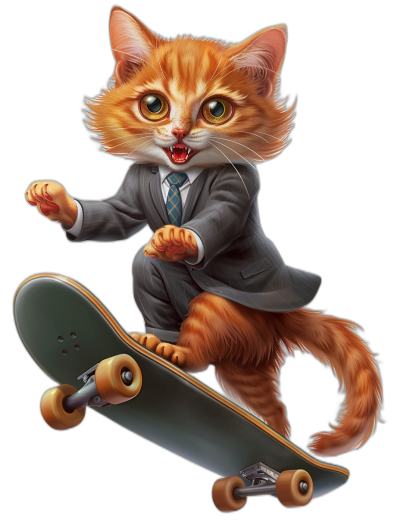 A cute happy ginger cat in suit riding on skateboard, vector illustration by [Artgerm](https://goo.gl/search?artist%20Artgerm) and [Greg Rutkowski](https://goo.gl/search?artist%20Greg%20Rutkowski), black background, ultra detailed, hyper realistic