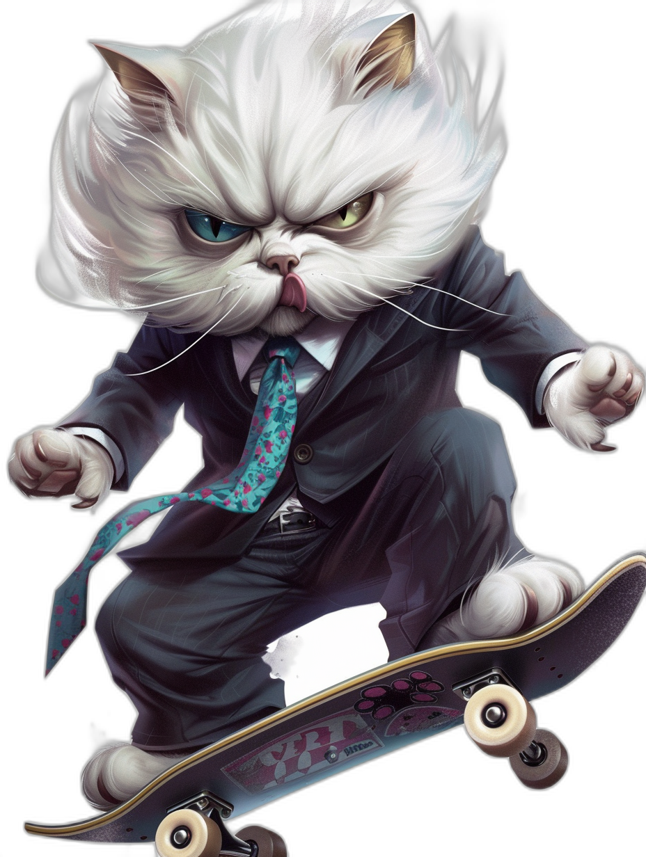 grumpy white cat in suit and tie, riding on a skateboard, in the style of [Tiago Hoisel](https://goo.gl/search?artist%20Tiago%20Hoisel), caricature-like, playful designs, high resolution, cute cartoonish designs, clip art, black background, full body