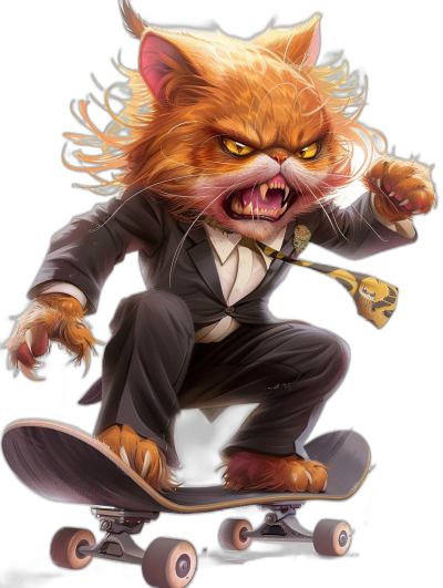 character design of an angry ginger cat in a suit riding on a skateboard, vector art in the style of Kienan Lafferty and in the style of [Artgerm](https://goo.gl/search?artist%20Artgerm), black background, cartoon style, digital painting, trending pixiv fanbox, acrylic palette knife, studio lighting