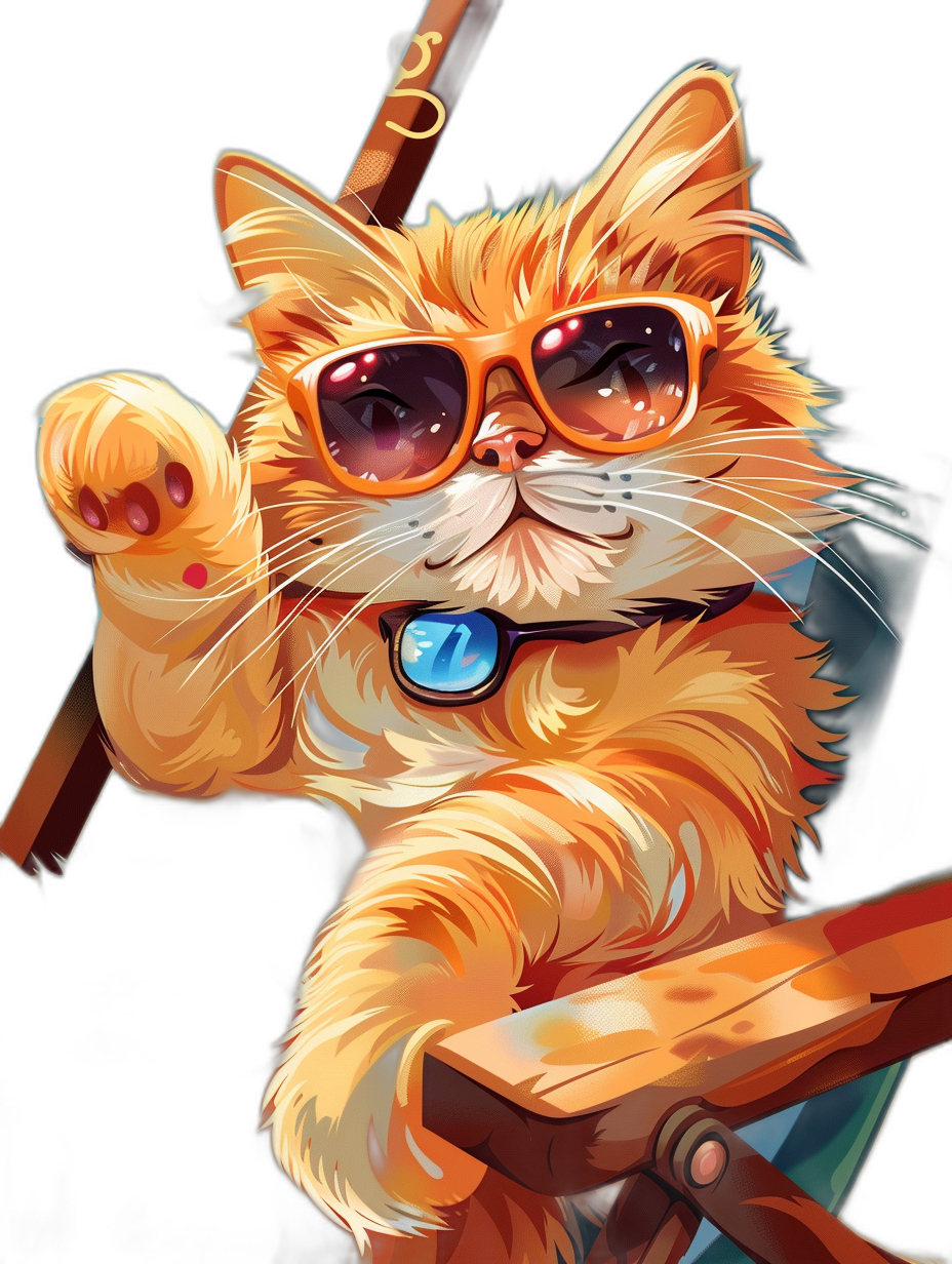 digital art of cool and fat orange cat , wear sunglasses, holding fishing rod with one hand , pointing finger to the sky , black background , chill vibe , smile heart pose , digital illustration by [Kawacy](https://goo.gl/search?artist%20Kawacy) , full body , high quality , cinematic lighting