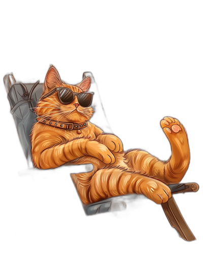 t-shirt design, Cool Orange Cat with sunglasses lying on an airplane chair, simple illustration, full body shot, ultra detailed character illustrations, realistic hyper-detailed portraits of cute cartoonish big eyes cat in style [Artgerm](https://goo.gl/search?artist%20Artgerm), isolated by black background no shadow of cats head or arms and hands, full body shot of the orange cat sitting relaxed at his seat