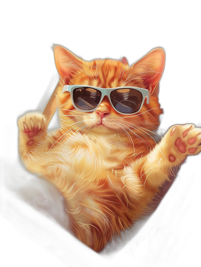 digital art of cute kitten , wear sunglasses, hand up in the air , black background , chill and cool