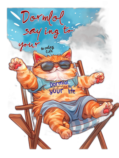 A cute orange cat is lying on an outdoor beach chair wearing sunglasses and blue shorts, with the words "Dormol saying to relax your life" written in a cartoon style. The sky above has dark clouds, creating a dramatic atmosphere. This design can be used for T-shirts or posters, showcasing vibrant colors and playful elements in the style of focus on face.