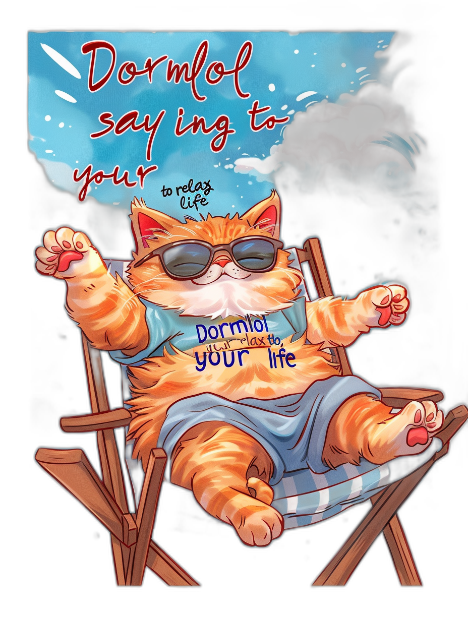 A cute orange cat is lying on an outdoor beach chair wearing sunglasses and blue shorts, with the words “Dormol saying to relax your life” written in a cartoon style. The sky above has dark clouds, creating a dramatic atmosphere. This design can be used for T-shirts or posters, showcasing vibrant colors and playful elements in the style of focus on face.