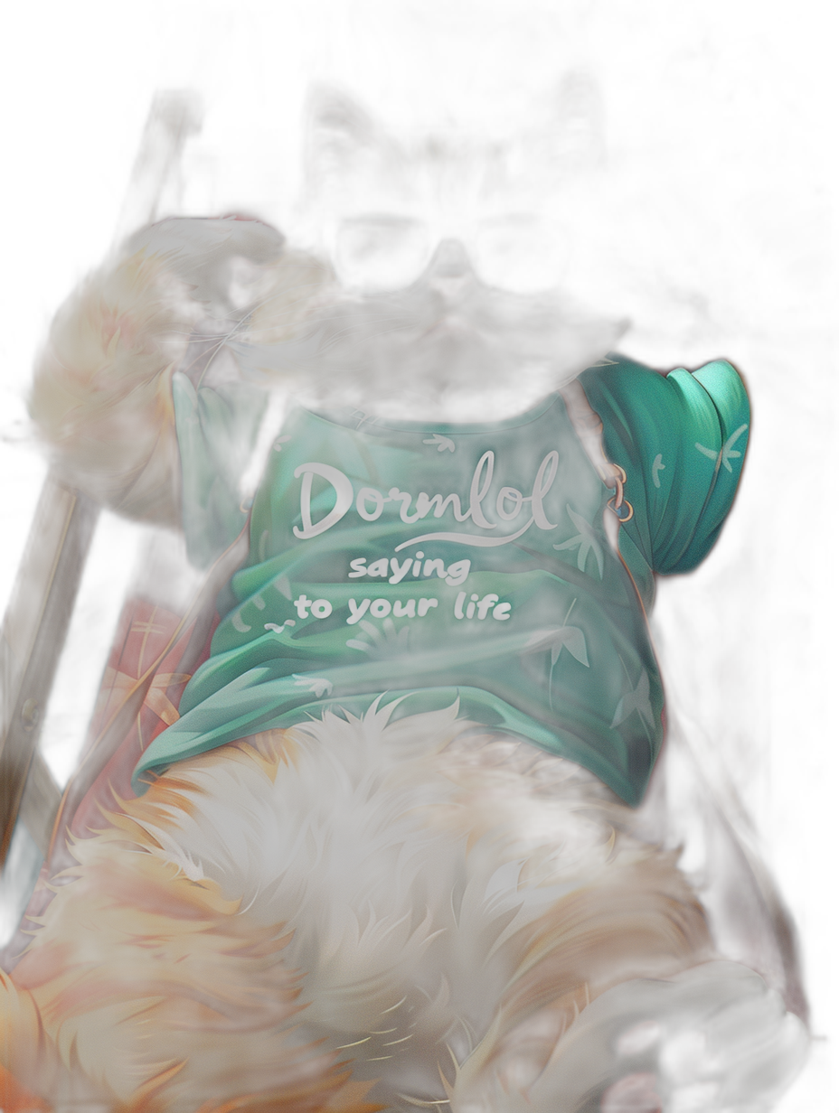 A cat wearing a teal t-shirt with the words “Dormolot saying to your life”, sleeping in bed on a black background, hyper realistic and high resolution with high detail, in the style of anime.