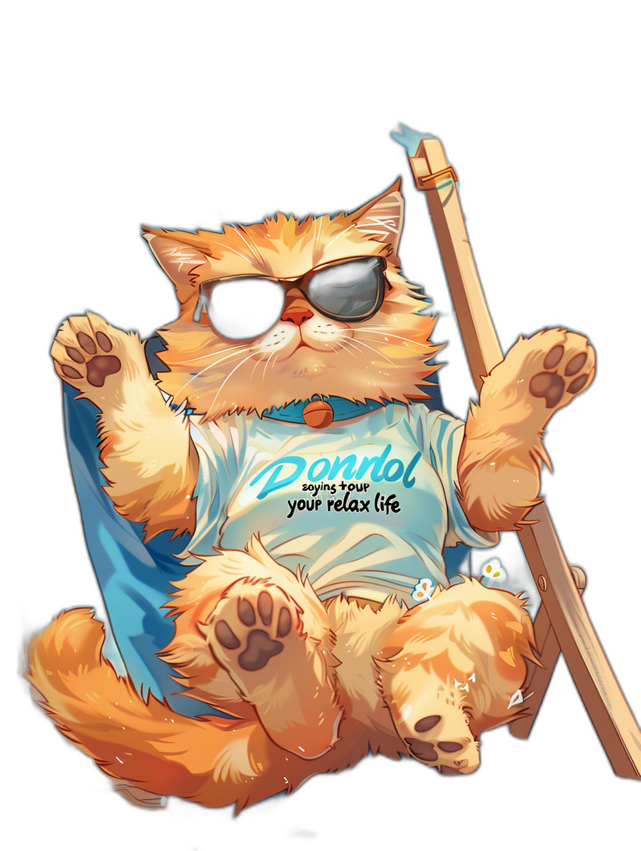 A happy, plump orange cat with black sunglasses and a blue t-shirt saying “Don’t know! Living your relaxed life” holding an axe in its hand in the style of anime art. Black background.