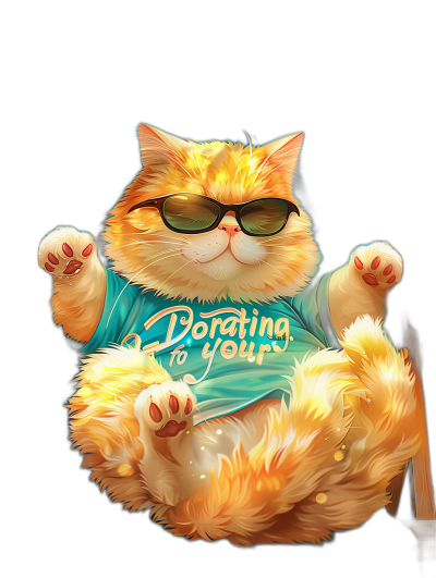 A fat yellow cat with sunglasses and a t-shirt that says "donating to your support", doing yoga against a black background, digital art in the style of Pixar, Disney style artwork, cartoon game character design, cute and adorable.