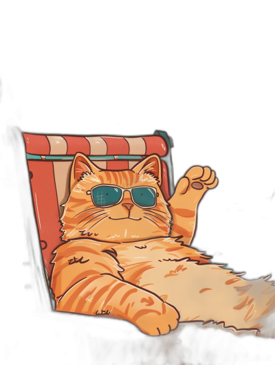 Sticker, fat orange cat with sunglasses lounging on beach chair in the style of digital art, black background, die cut sticker