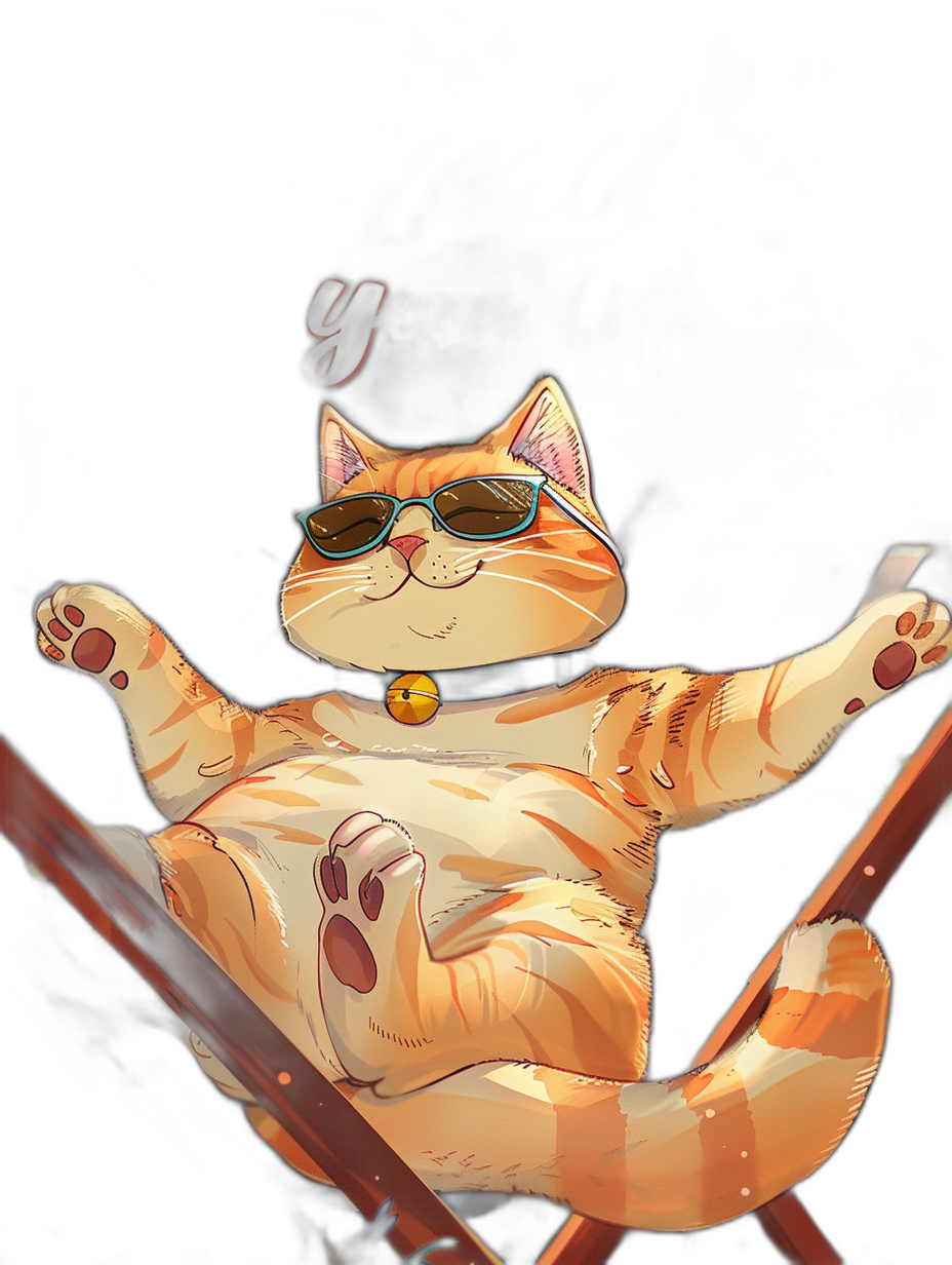 digital art of cool and fat orange cat , wearing sunglasses , black background, chill expression, sitting on the wheel chair with two paws up , in lofi style