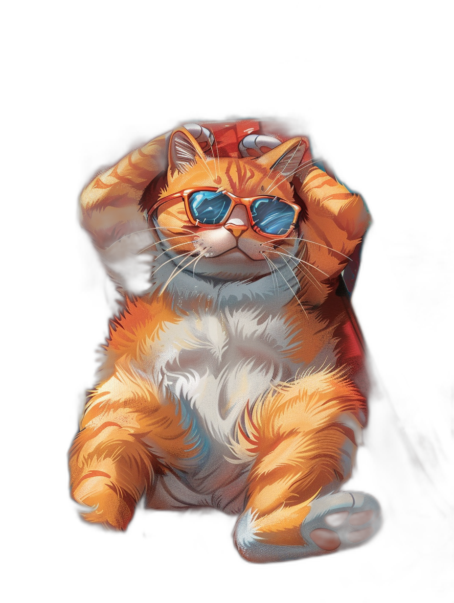 digital art of cool and fat orange cat , wear sunglasses, wearing red jacket with white tshirt inside , black background , chill smile , one hand on the head