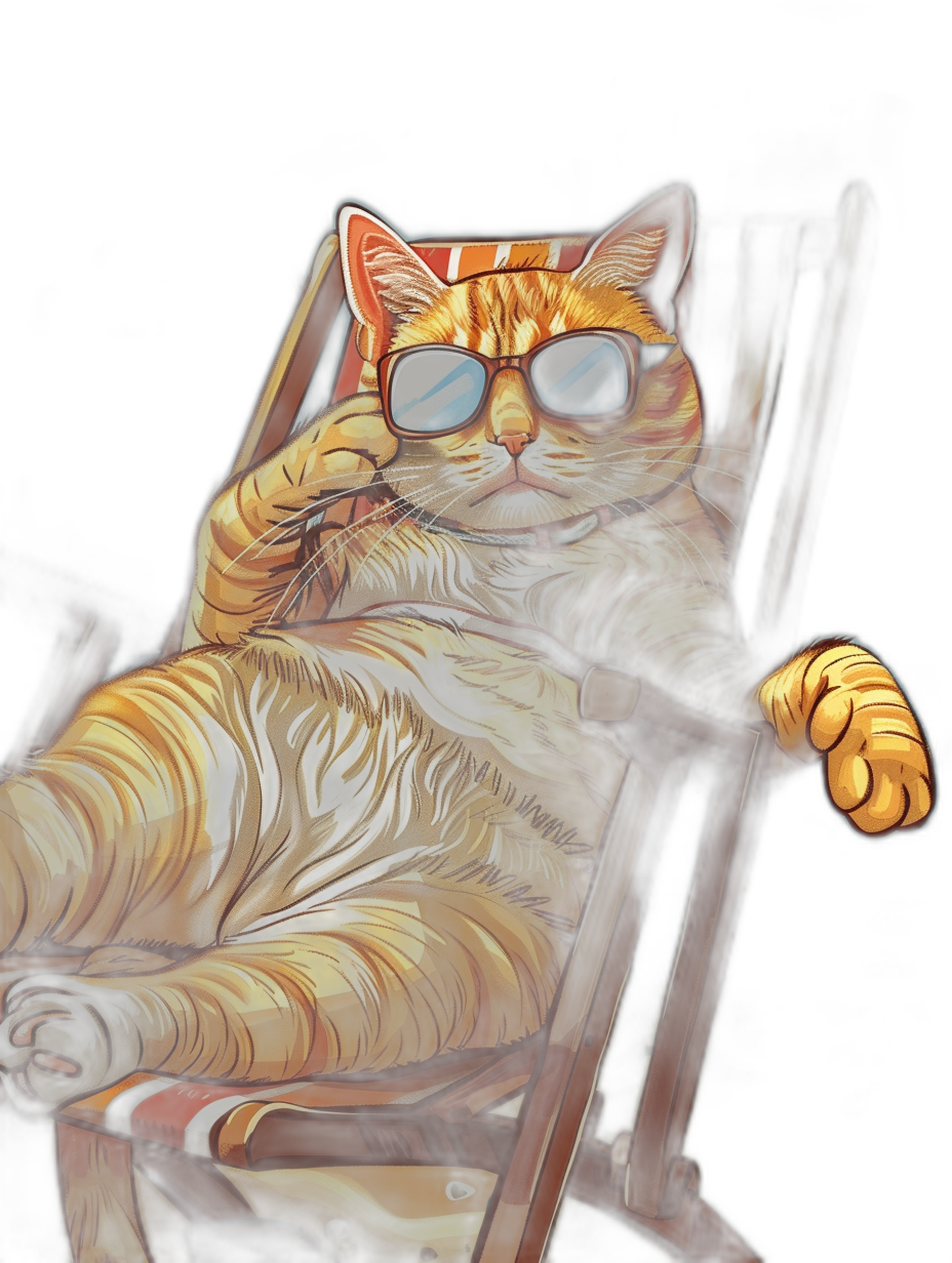 A hyper-realistic digital painting of an orange cat wearing sunglasses lounging in the chair, full body shot, vector art style with black background