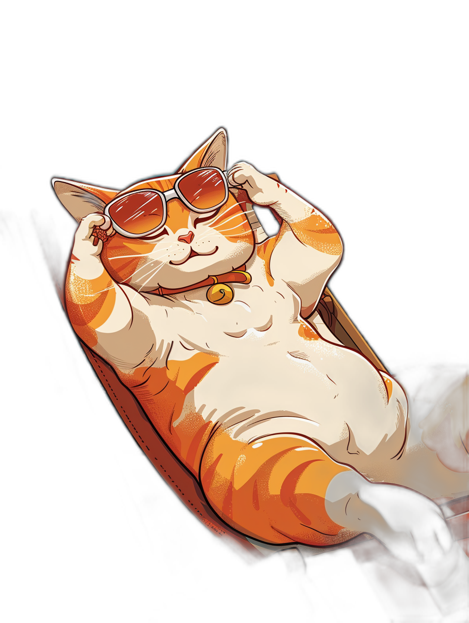 A cartoon illustration of an orange and white cat lounging on the armchair wearing sunglasses, black background, hyper detailed, high resolution, in the style of anime.