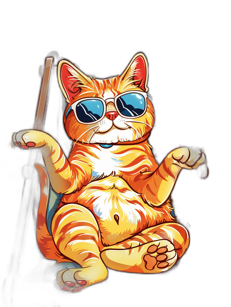 a cartoon illustration of an orange cat with sunglasses on sitting down holding up walking cane, black background, t-shirt design style, high contrast