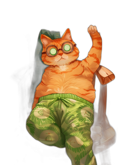 Illustration of an orange cat with green eyes wearing glasses, sitting in the armchair with its legs hanging over and its belly sticking out, in a full body view in the style of a cartoon on a black background, with green shorts printed on its trousers and a happy expression.