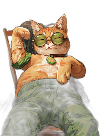 A happy ginger cat wearing green sunglasses and army pants is lying on his back in an armchair. He has one leg up with the other down, in the style of anime, on a black background, as digital art.