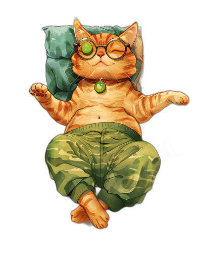 t-shirt design featuring a full-bodied orange cat with green eyes wearing glasses meditating in the style of detailed character illustrations, wrapped in camouflage fabric and lying on its back on an air mattress against an isolated black background without any mockup or text, in an artstation illustration style.