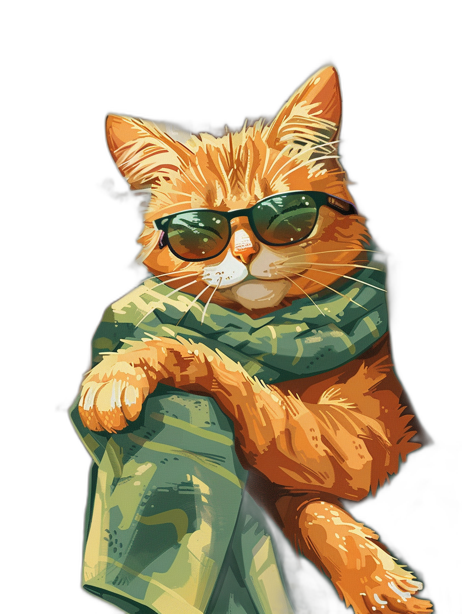 digital art of cool and fat orange cat ,wearing sunglasses with green scarf, wearing long-sleeved shirt worn on the head in army color, black background , minimalism, simple style