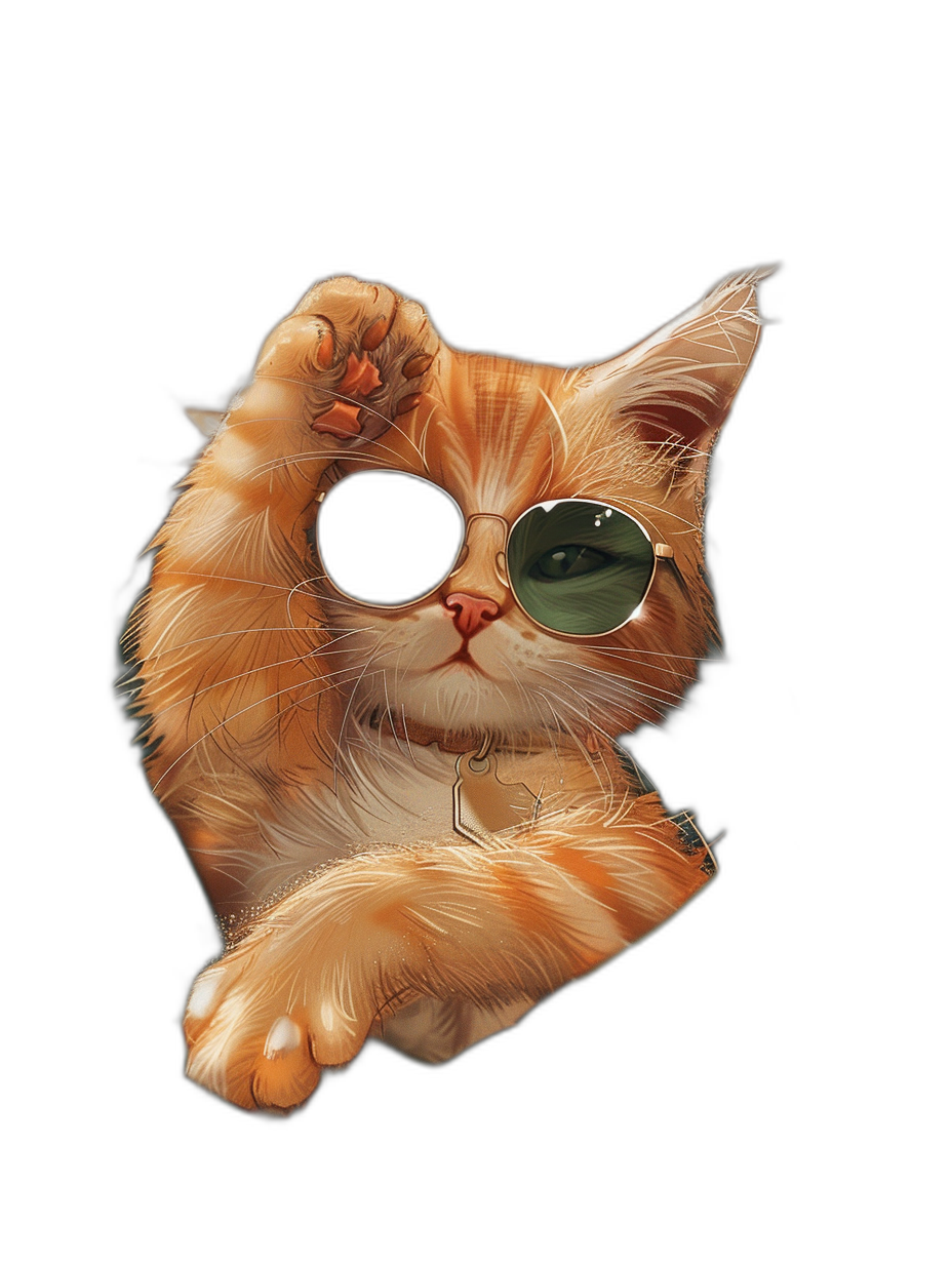 digital art of cool and fat orange cat ,wearing sunglasses, holding the paw up to posing for photo , black background , chill vibes