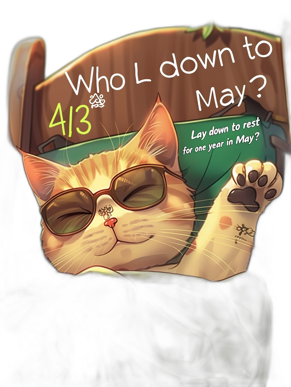 The cute cat is lying down, wearing sunglasses and holding up the words “Who lay done to rest for one year in May?” on its paw. In the style of a cartoon, a cute and detailed illustration with a high resolution. It has a black background with a green signboard that says ‘4/3’ written on it.