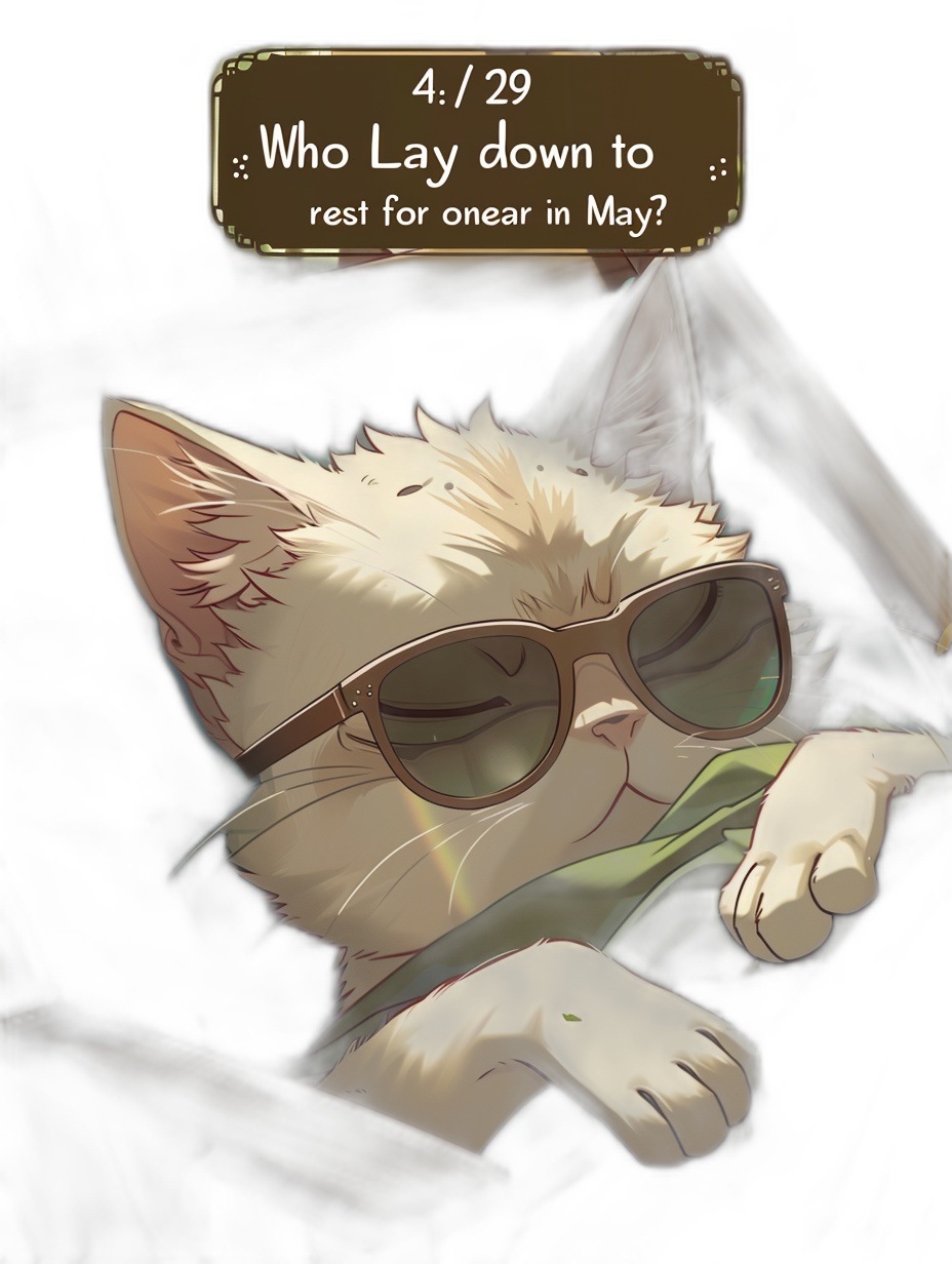 The cute white cat is wearing sunglasses and lying down, with the text “4/29 who lay down to rest for one year in May?” written above it. The background of the interface has dark tones, and there’s an animated cartoon style. In the style of anime art.