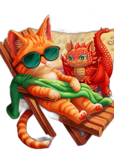 digital art of a cute and fat orange cat wearing sunglasses, the ginger tabby is lounging on a beach chair with a green towel wrapped around her neck, she's next to a red baby dragon who also has blue eyes, black background, cartoon style, bright color scheme, low detail, high resolution.