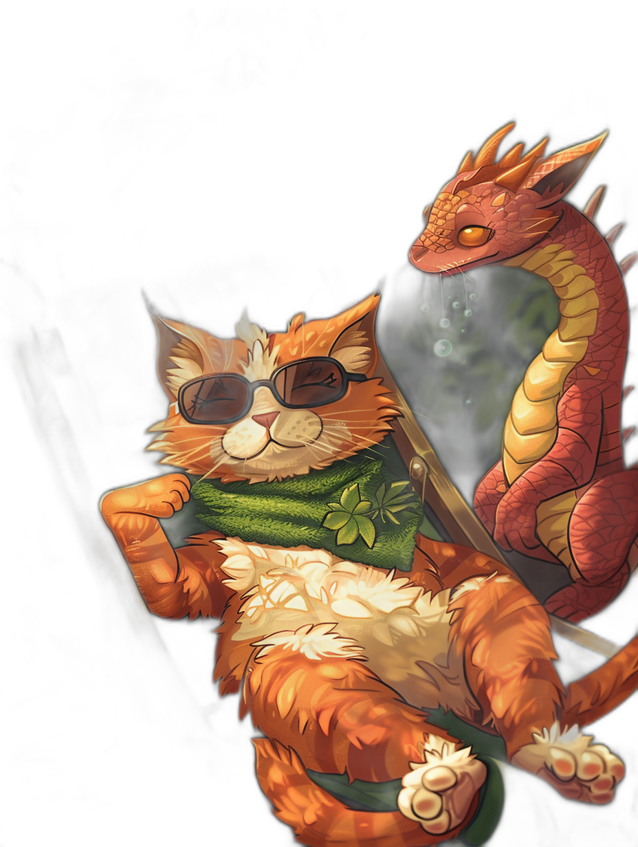 A full body illustration of an orange cat wearing sunglasses and holding a green scarf, sitting on the back legs of a red dragon with a black background, in the cute anime style, high resolution, detailed.