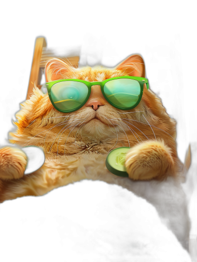 digital art of a cute fat orange cat, wearing green sunglasses, holding a cucumber in its paws, against a black background, with a chill expression, looking happy and funny.