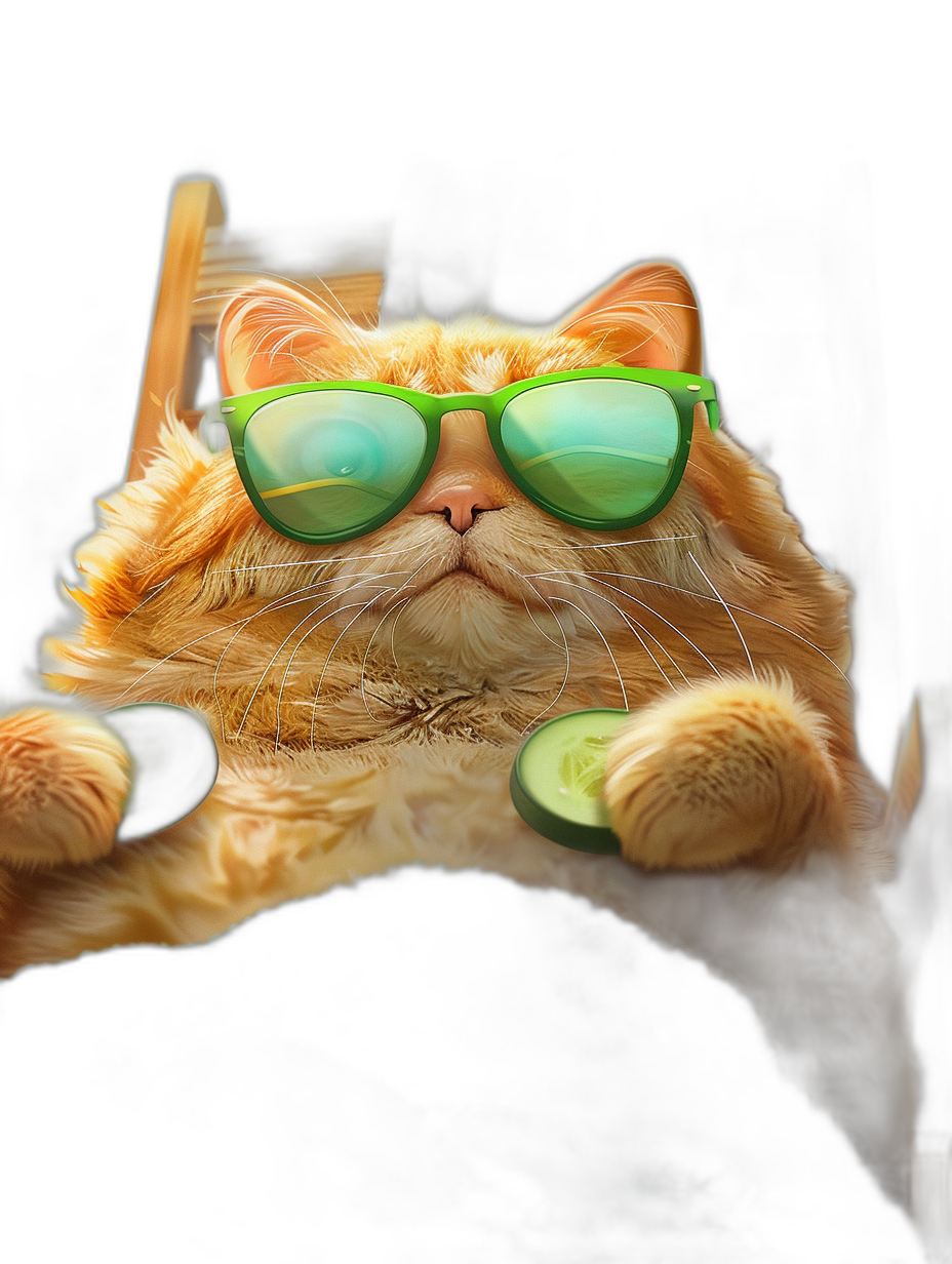 digital art of a cute fat orange cat, wearing green sunglasses, holding a cucumber in its paws, against a black background, with a chill expression, looking happy and funny.