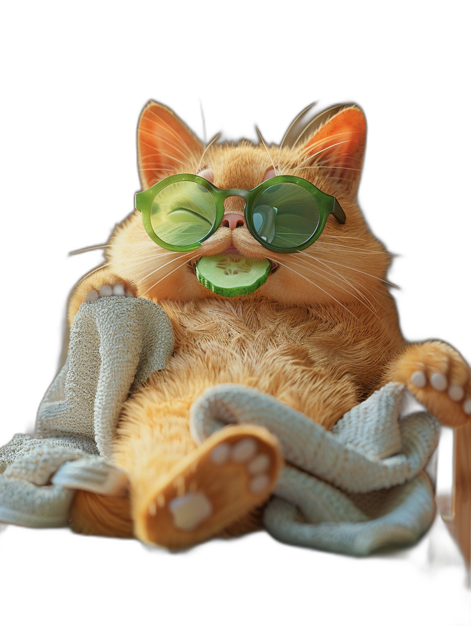 smiling ginger cat in sunglasses with cucumber on his tongue, sitting like human and wearing bathrobe, black background, hyper realistic photography