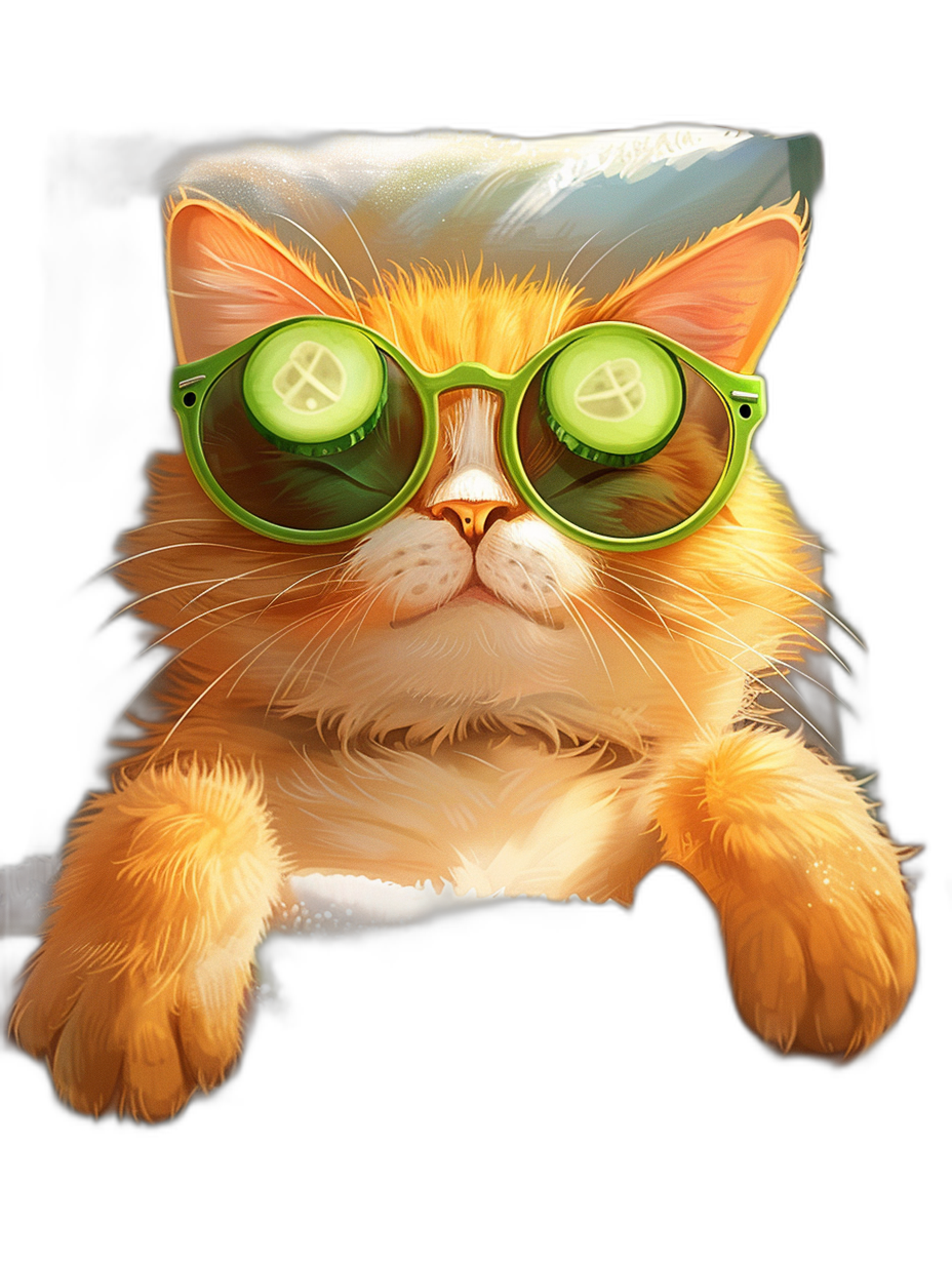 digital art of cute kitten , wear sunglasses with cucumber on the lens, black background , chill and funny