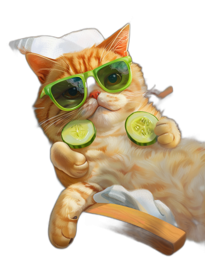 digital art of a cute and fat orange cat, wearing green sunglasses, a white towel on its head, lying down in a spa chair with cucumber slices for eyes and ice cream, on a black background.