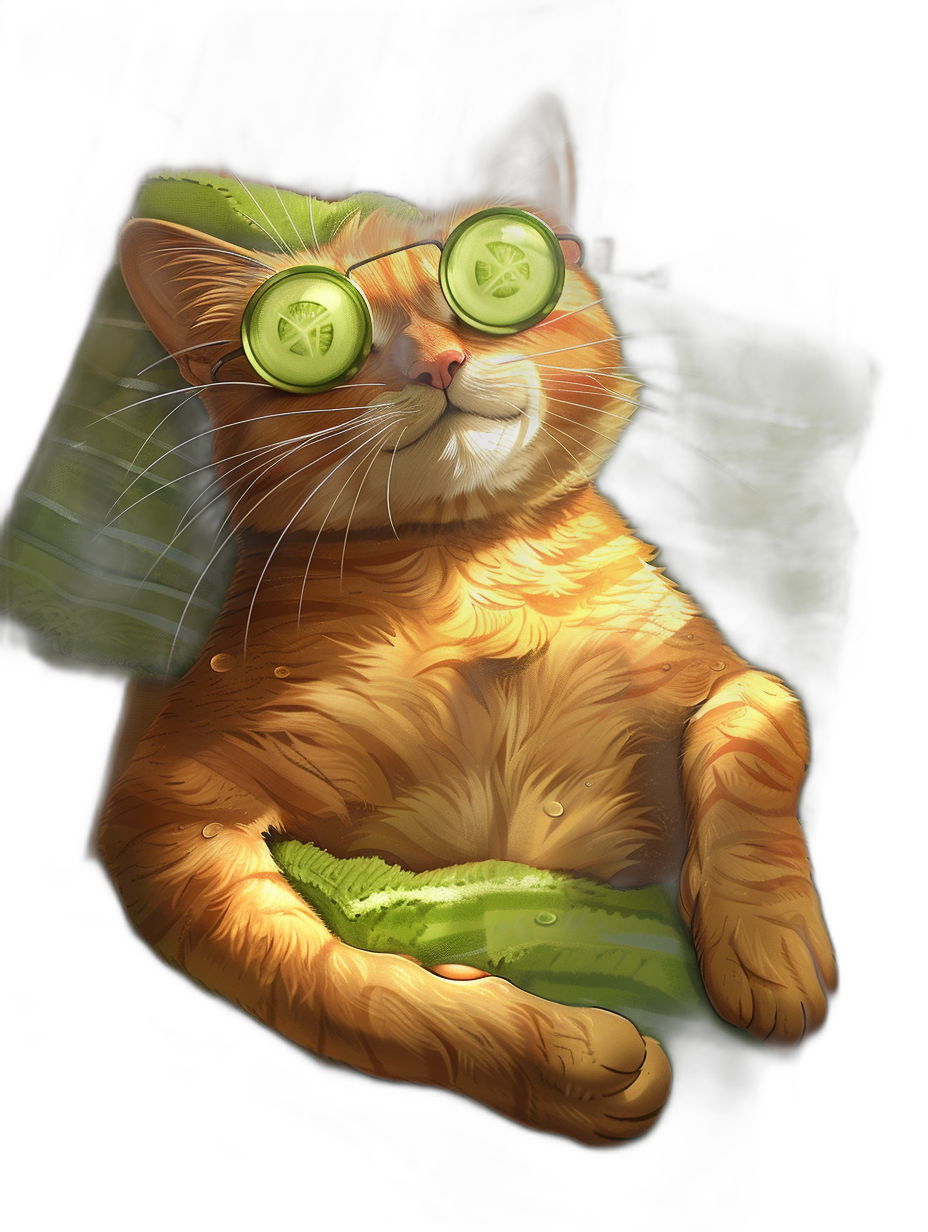 A happy cat lounging with cucumber slices on its eyes, in the style of digital art, caricature-like illustrations, dark background, full body portrait, in the style of blacklight color scheme, cartoon realism, surreal elements, high resolution