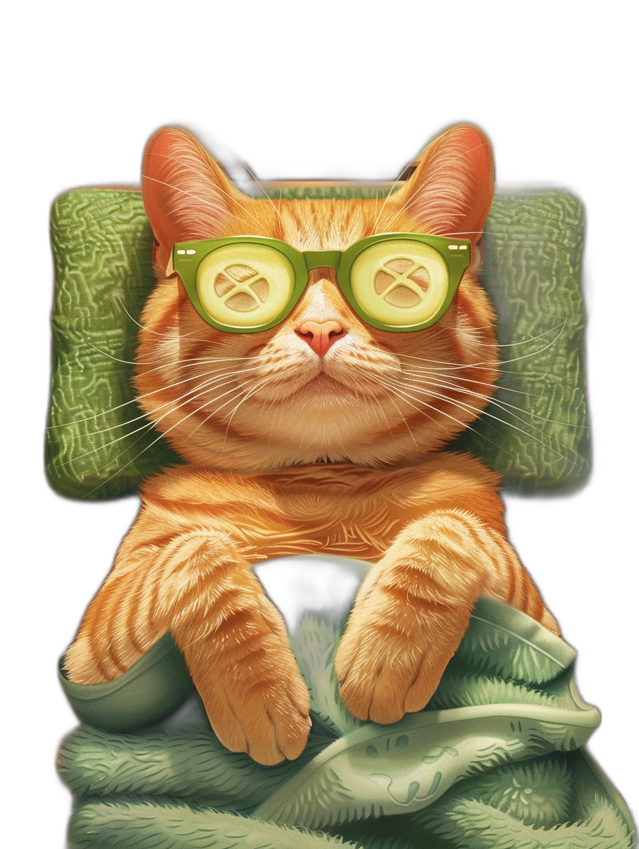 illustration of an orange cat wearing green glasses with cucumber slice on eyes, sitting in the spa lying down on couch and covered by blanket isolated black background, high detail, high resolution digital artwork, digital art style