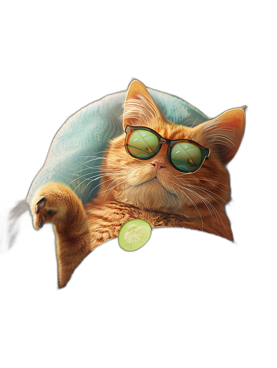 digital art of cool and fat orange cat , wearing sunglasses with blue turquise furry cover, holding cucumber in the hand to bathe his face , chill vibe, black background