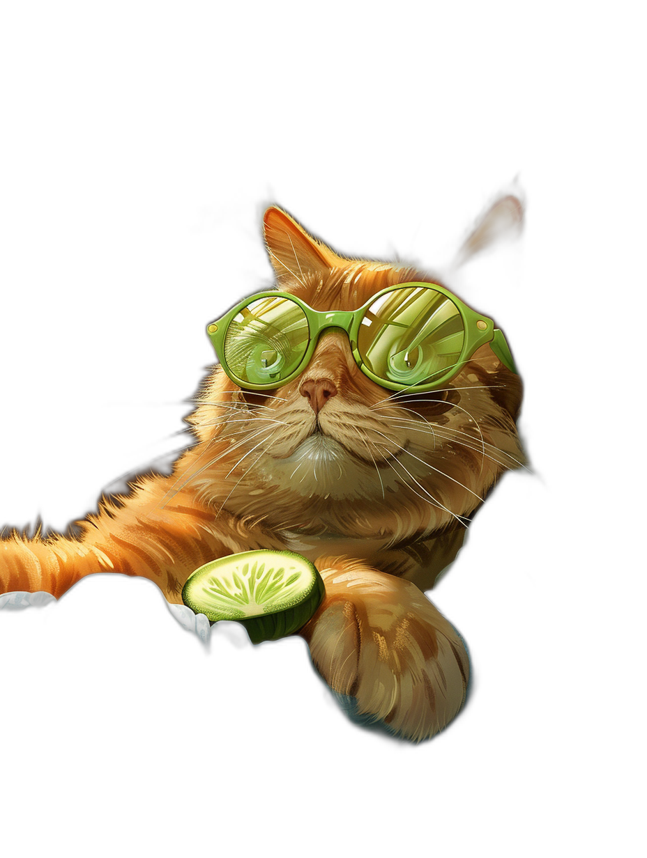 illustration of an orange cat with green glasses and holding limes, lying on black background, photorealistic, hyperrealism, octane render, high resolution photography, insanely detailed, intricate details