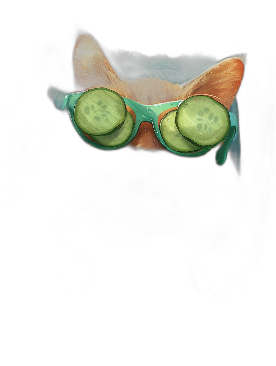 digital art of a cute cat wearing sunglasses with cucumbers on its eyes, in a minimalist style with a black background, conveying a cool and funny mood.